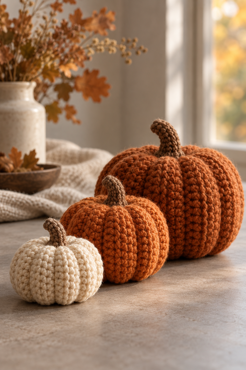 crochet gingham pumpkins in three graduated sizes