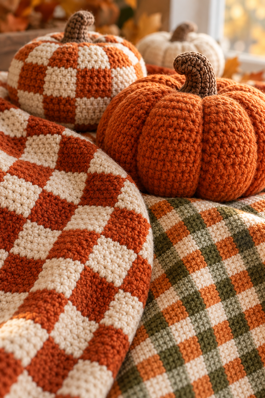 crochet gingham pumpkins showing checker and gingham colorwork