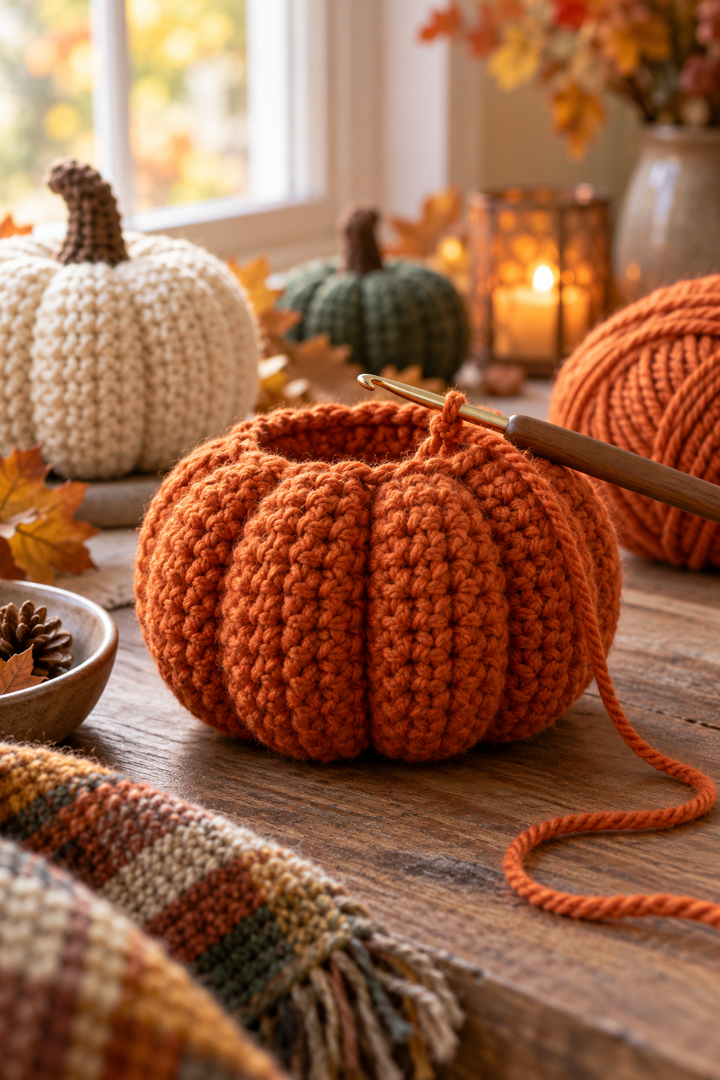 crochet gingham pumpkins worked in the round with ribbed stitches