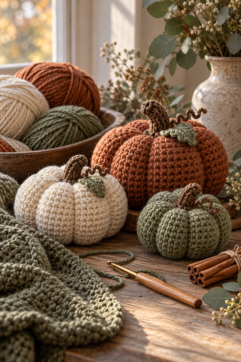 finished crochet gingham pumpkins with yarn and cinnamon sticks