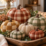 crochet gingham pumpkins in a warm autumn display