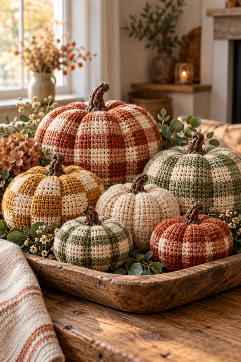 crochet gingham pumpkins in a warm autumn display