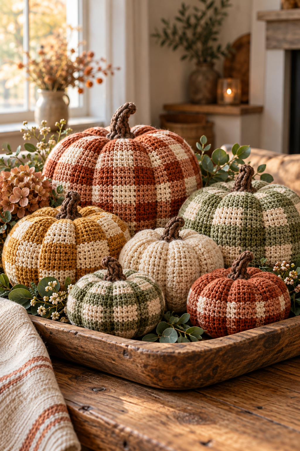 crochet gingham pumpkins in a warm autumn display