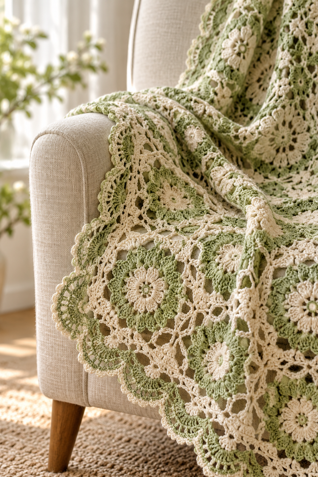 Airy lacework and soft drape of a crochet pistachio wrap