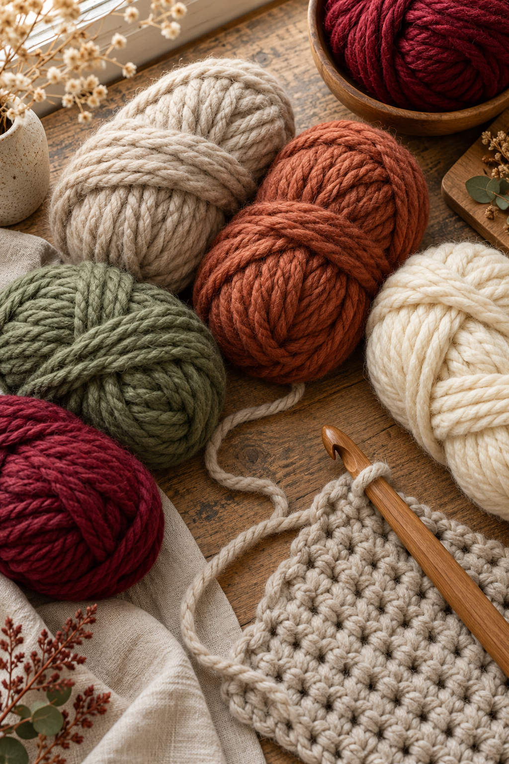 Bulky yarn and large hook for a crochet pistachio wrap