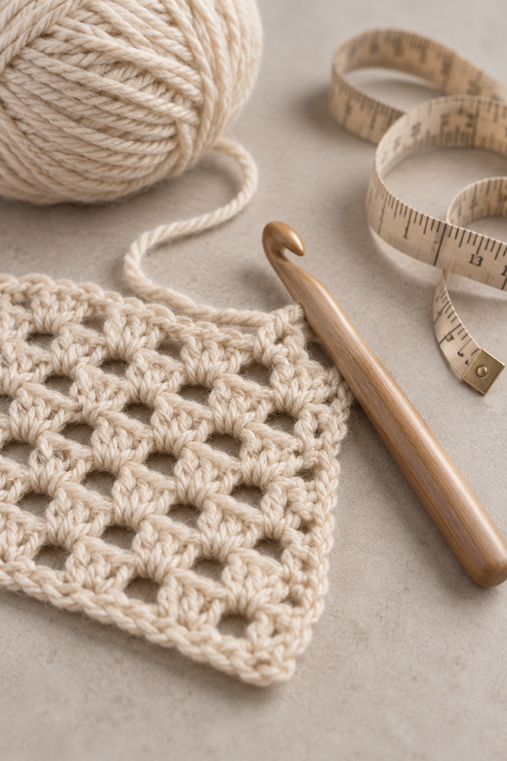 Crochet gauge tools beside an open stitch swatch