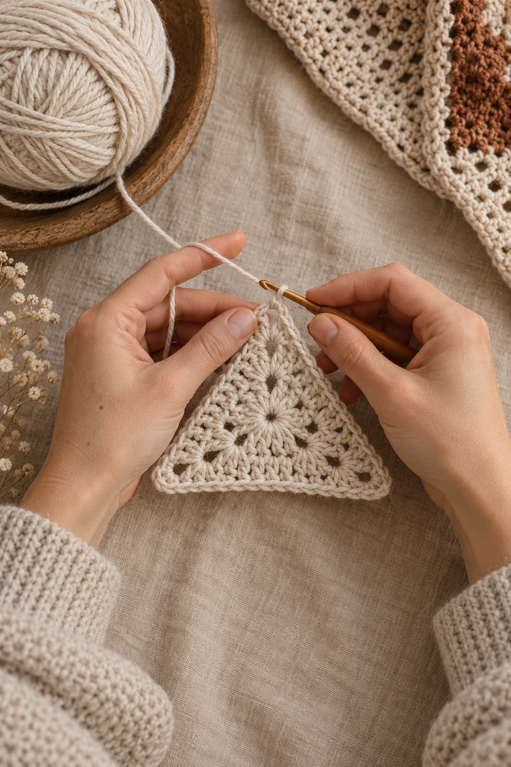 Beginning a triangular crochet wrap from the center