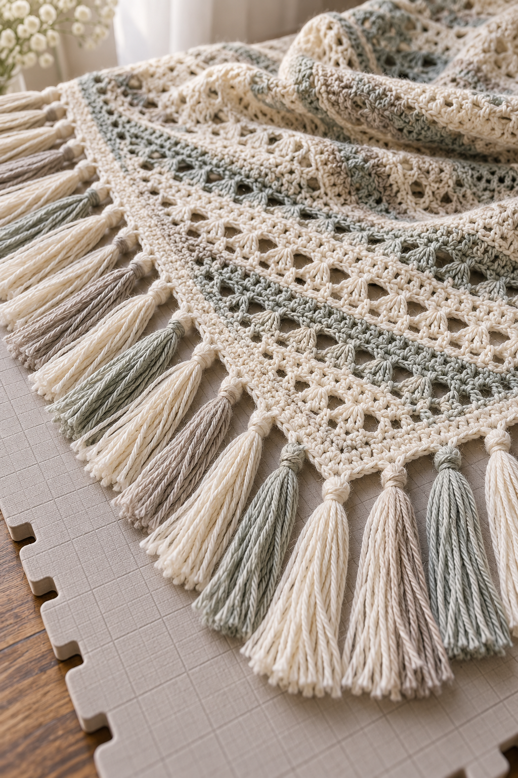 Neat fringe on a blocked crochet wrap