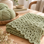 Crochet pistachio wrap folded beside soft yarn