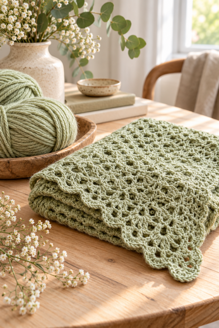 Crochet pistachio wrap folded beside soft yarn