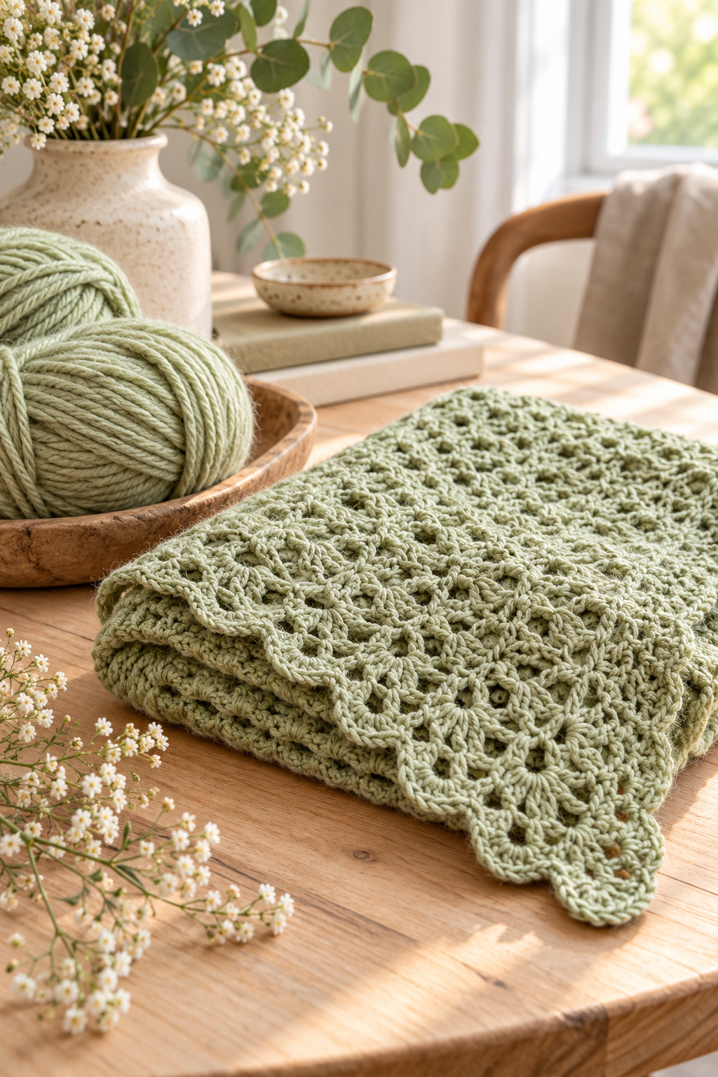 Crochet pistachio wrap folded beside soft yarn