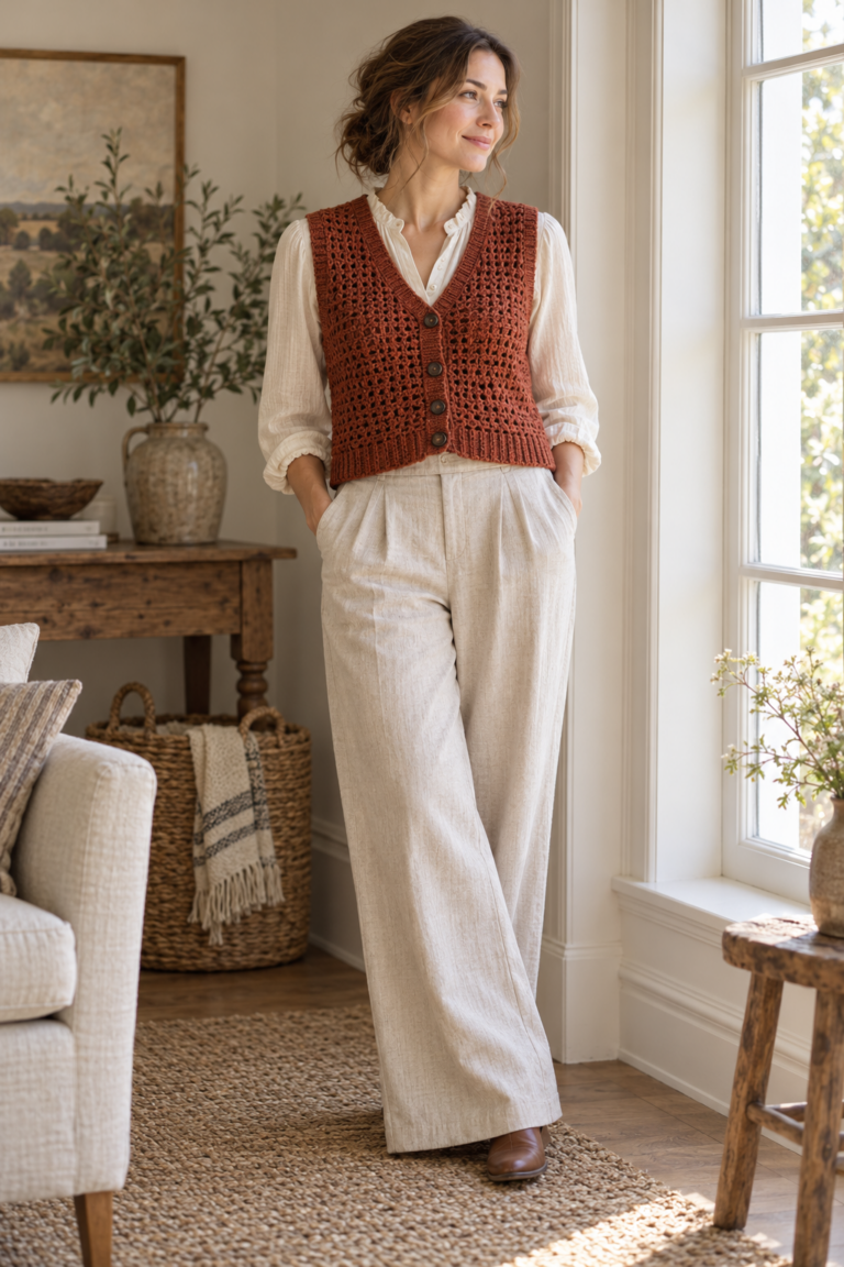crochet summer crop top in rust yarn beside a bright window