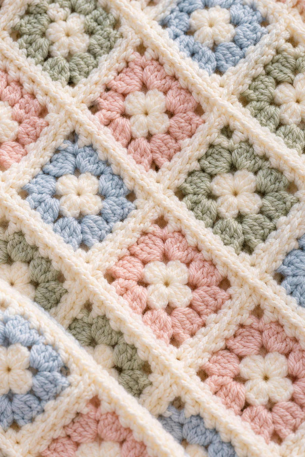 Close view of diagonal crochet blanket blocks