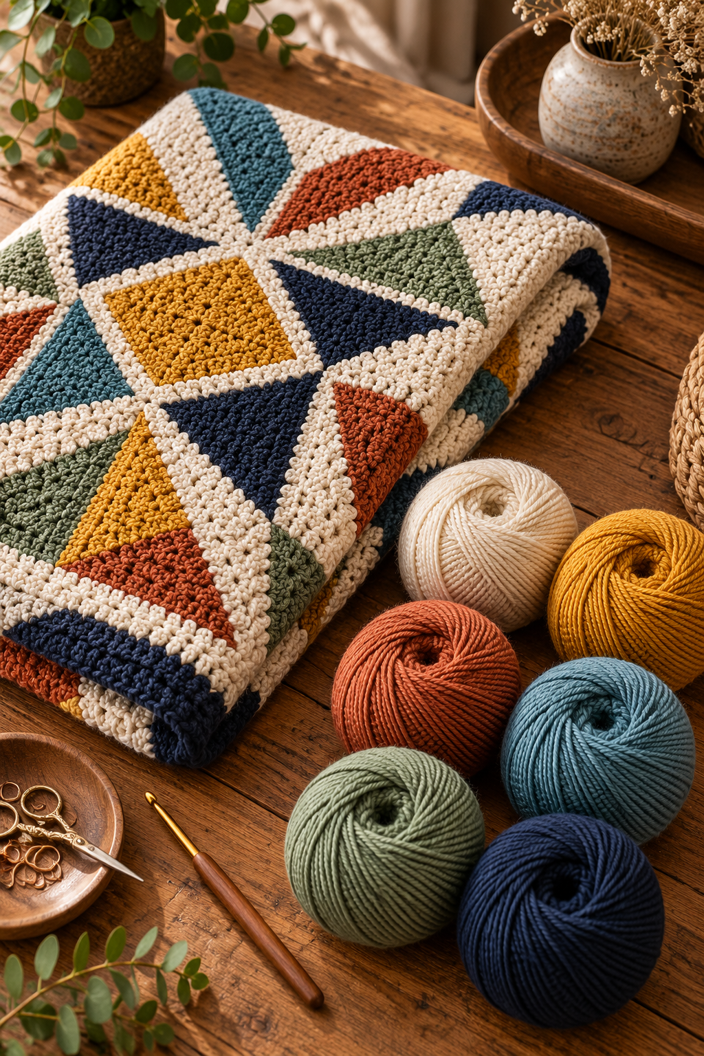 Coordinated yarn palette beside a folded crochet blanket