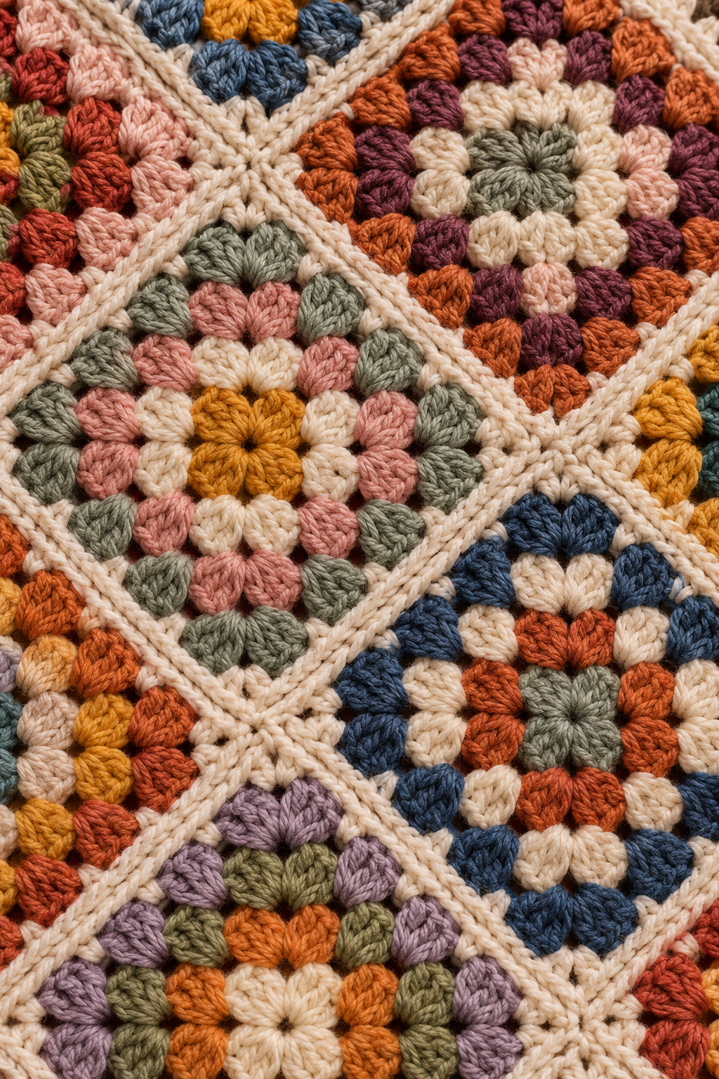 Joined crochet squares forming a diagonal field
