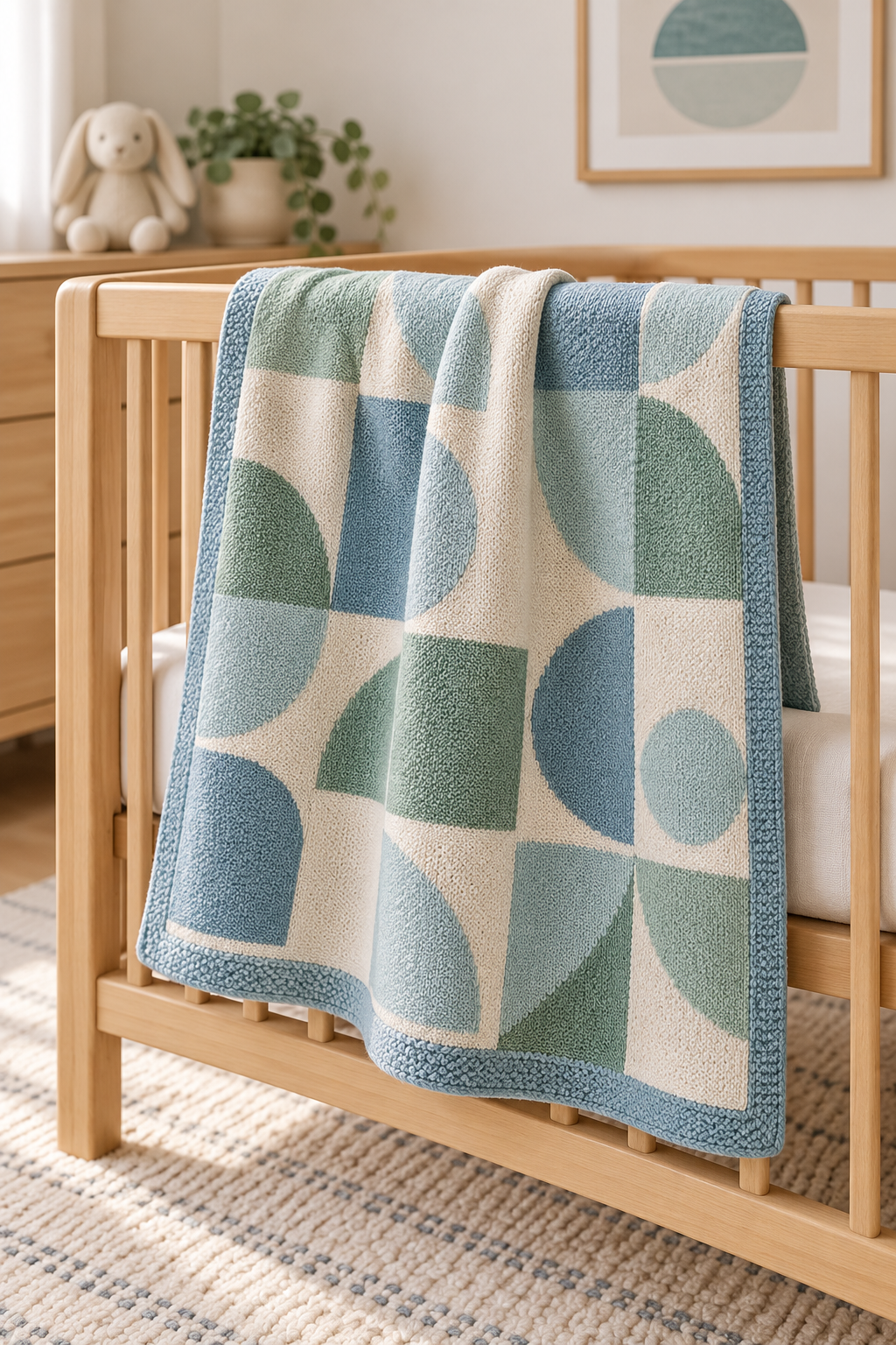 Crochet baby blanket draped over a crib rail