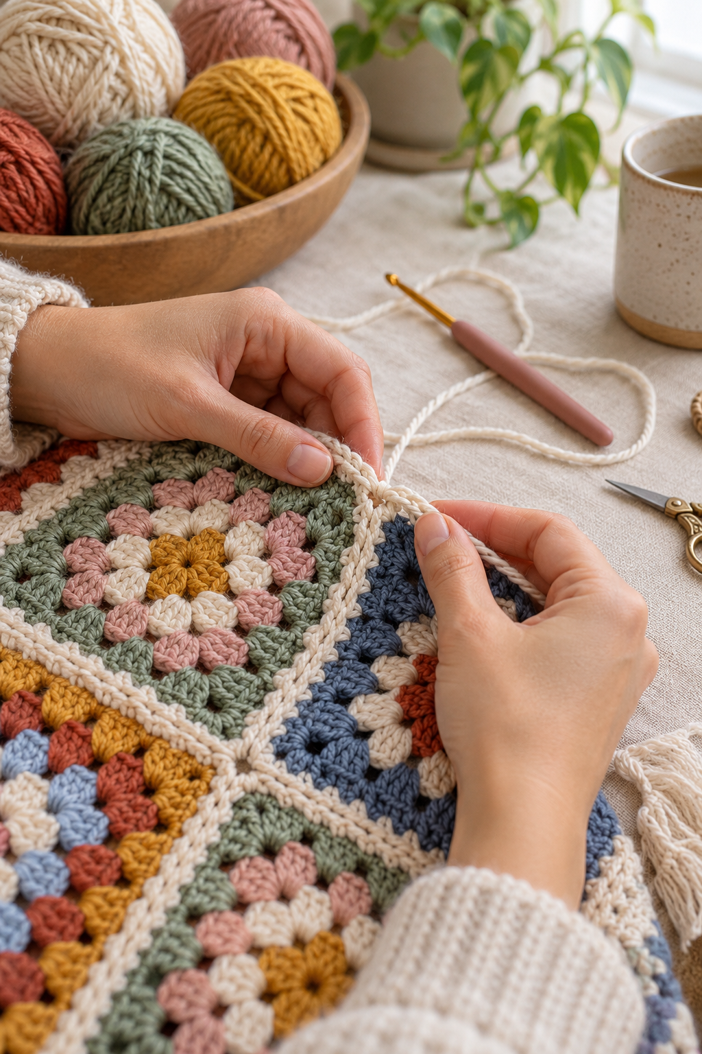 Hands joining crochet squares with a hook