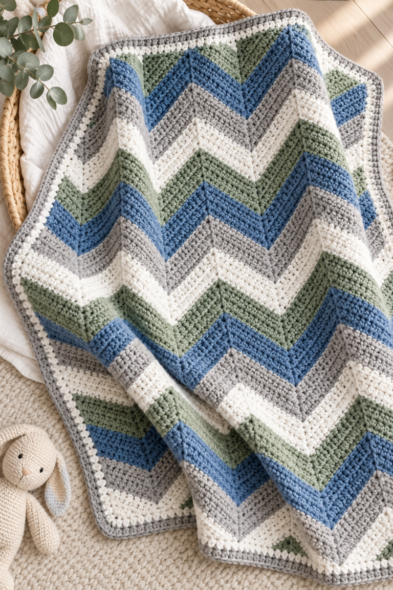 Modern herringbone baby blanket in soft blue, green, white, and gray crochet