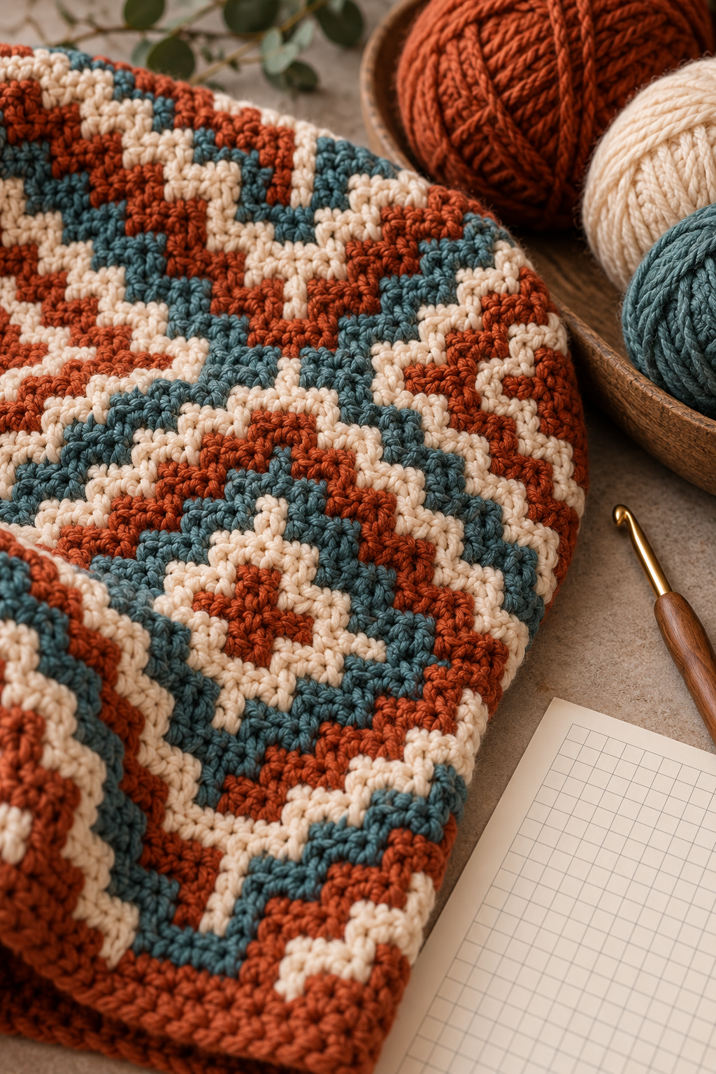 Mosaic crochet poncho texture in desert colors