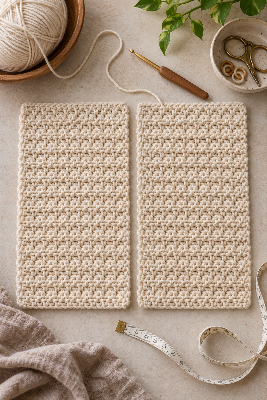 Two crochet rectangles prepared for poncho seaming
