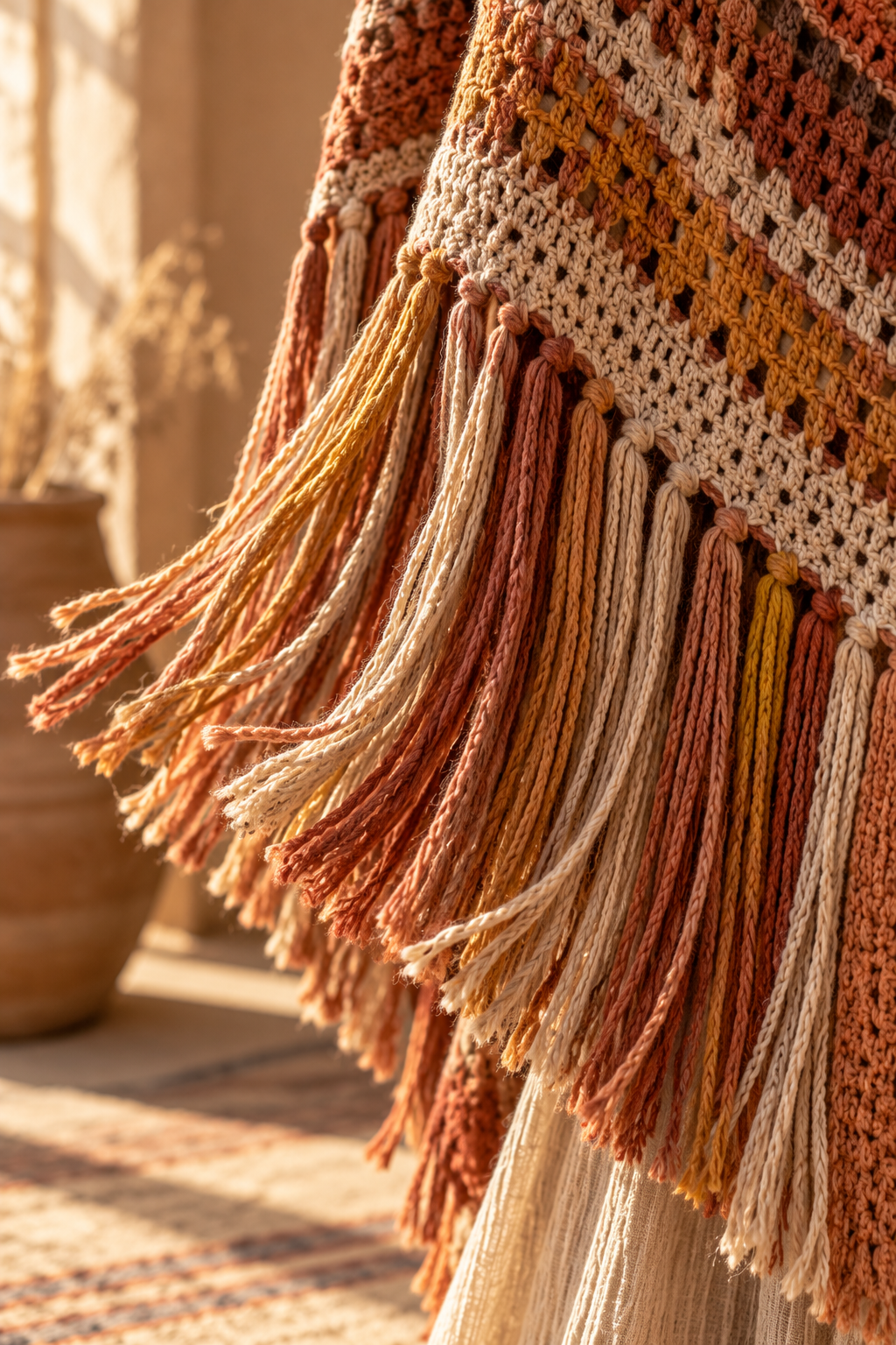 Long crochet fringe on a warm mosaic poncho