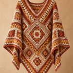 Painted Desert mosaic crochet poncho in warm desert colors