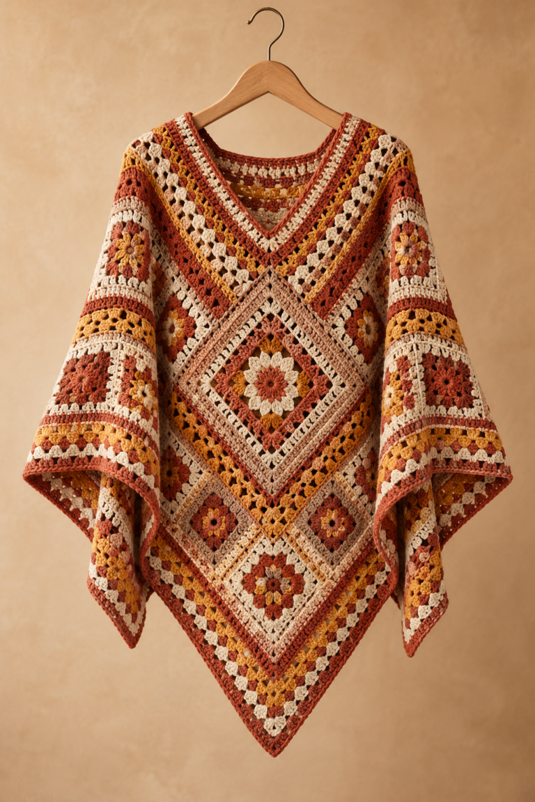 Painted Desert mosaic crochet poncho in warm desert colors