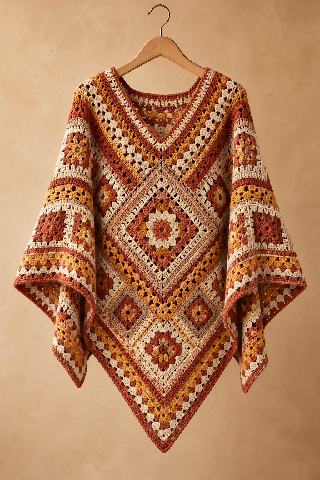 Painted Desert mosaic crochet poncho in warm desert colors